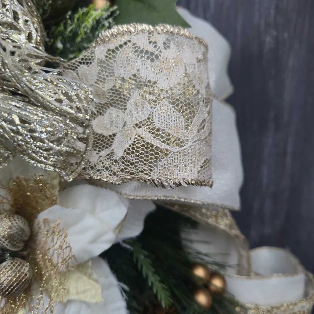 Handmade Elegant Champagne,Gold, Beige and Green Holiday Swag Wreath Door Hanger